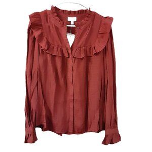 Vintage Wonderly Woman's Top Size MED, Long Sleeve, Ruffle, Button up, Brown